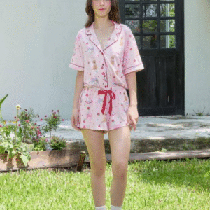 เซ็ตชุดนอน เสื้อแขนสั้น กางเกงขาสั้น - สีชมพูอ่อน