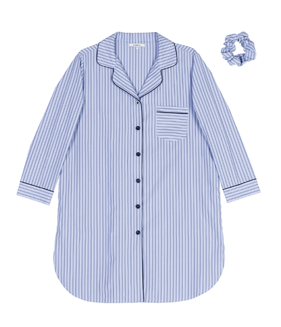 Sleepwear เดรสชุดนอนแขนยาว แถมฟรี ยางมัดผม – สีฟ้า